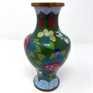 Antique Chinese Cloisonne Jade Green & Cobalt Blue Enameled 1920s Floral Vase